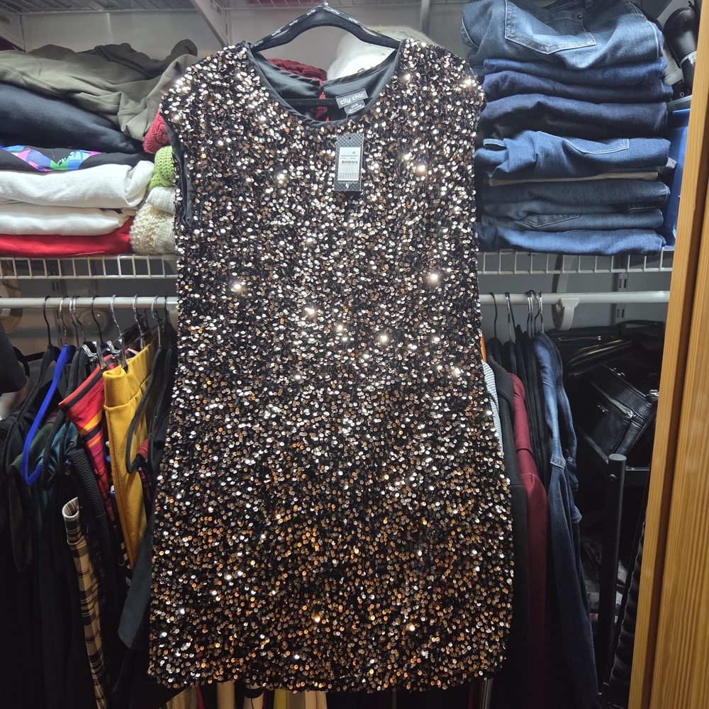 City Chic Black & Gold Sequin Mini Dress S/14